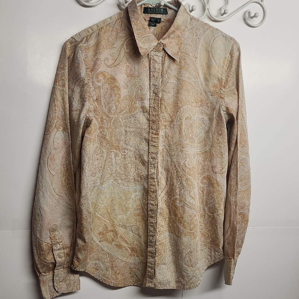Lauren Ralph Lauren Cream Pink Paisley Button-Down Sz M Shirt Minimalist Stylish